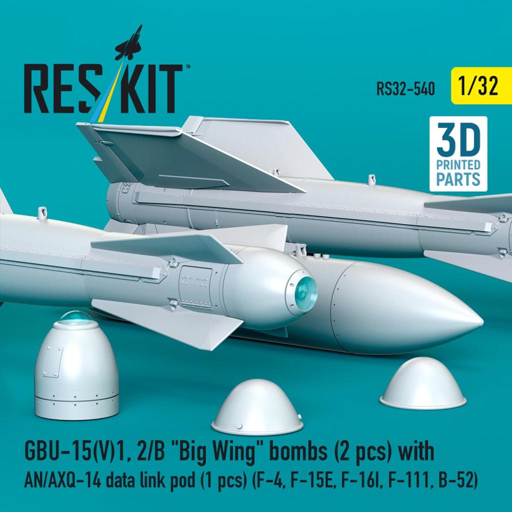 Reskit Guided Bomb Big Wing with Data Link Pod Plastic Model Kit Parts 1/32 GBU-15(V)1, 2/B (2 pieces) AN-AXQ-14 (1 piece) RSK32-0540 (Airplane)