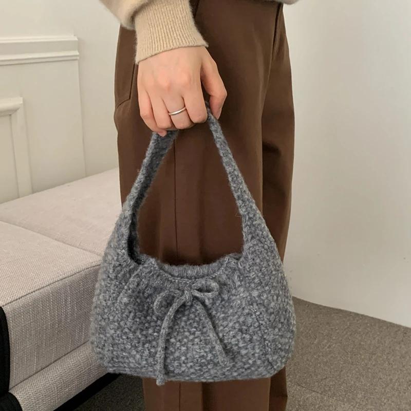 Knitted Tote Bag For Women Soft Shoulder Bag Daily Commuter Versatile All Match Handbag Double Sided Bow Underarm Purse