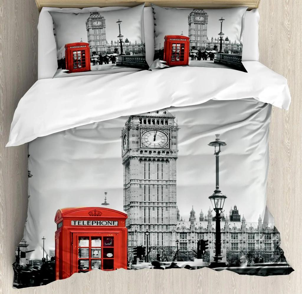 Лондонские Часы Трамваи Мосты Комплект Постельного Белья Лондон Комплект Пододеяльника Лондонская Телефонная Будка На Улице Традиционный Местный Культурный