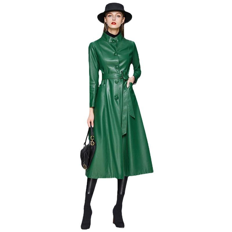 Женский ремень Длинный рукав Однобортный Роскошная мода Весна Осень Длинное черное Мягкое Водонепроницаемое Пальто из искусственной кожи
