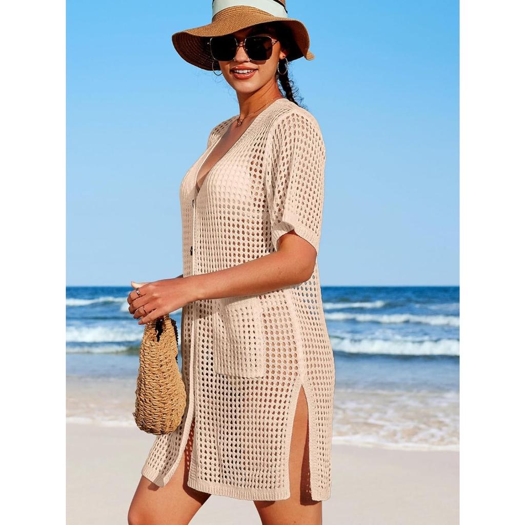Charmleaks купальник накидка женское вязаное крючком пляжное платье на пуговицах с боковым разрезом купальный костюм накидки карманные купальники