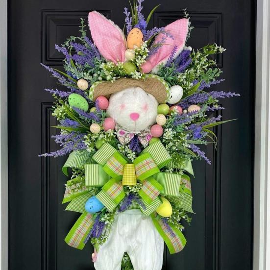 Венок с пасхальным кроликом, весеннее украшение на входную дверь, искусственный цветок, венок с кроликом и бантом для декора стены и окна