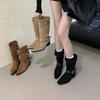 Suede Retro Mid-tube Pointed Boots 2025 New Solid Color Knight Short Boots Mid-heel Pleated Western Cowboy Stacking Boots