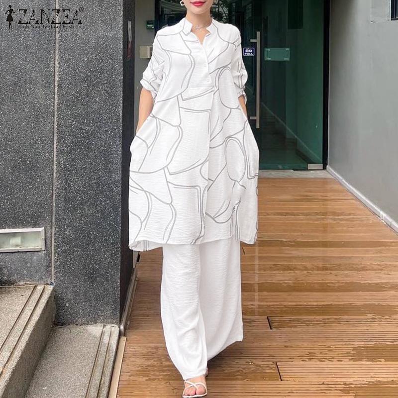 ZANZEA Women Long Sleeve Print Blouse and Pants Casual Two Piece Suit Sets