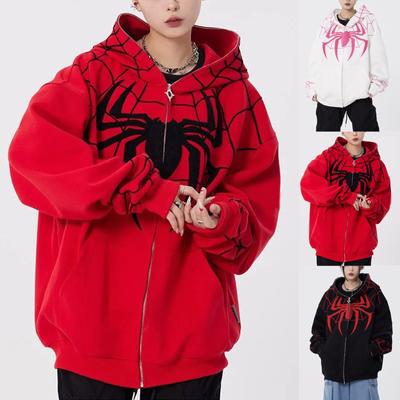 Готическая темная куртка с капюшоном и принтом паука, свободная мужская и женская куртка-свитер с полной цепочкой