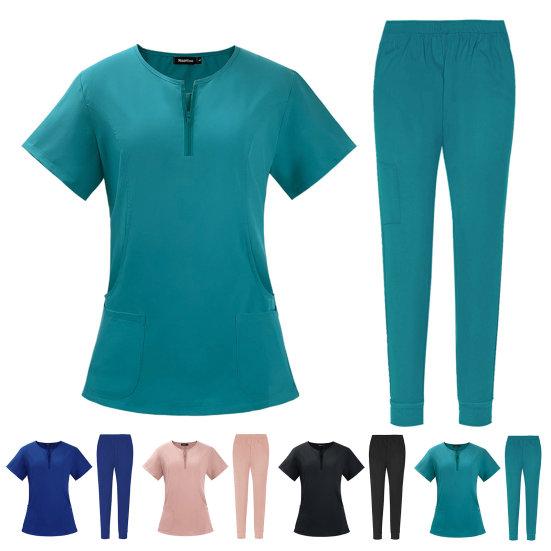 2 шт./компл., комплект женской больничной формы, комплект с круглым вырезом, застежкой-молнией, короткими рукавами, карманами, топ, брюки с эластичной резинкой на талии, быстросохнущий больничный стоматологический костюм медсестры