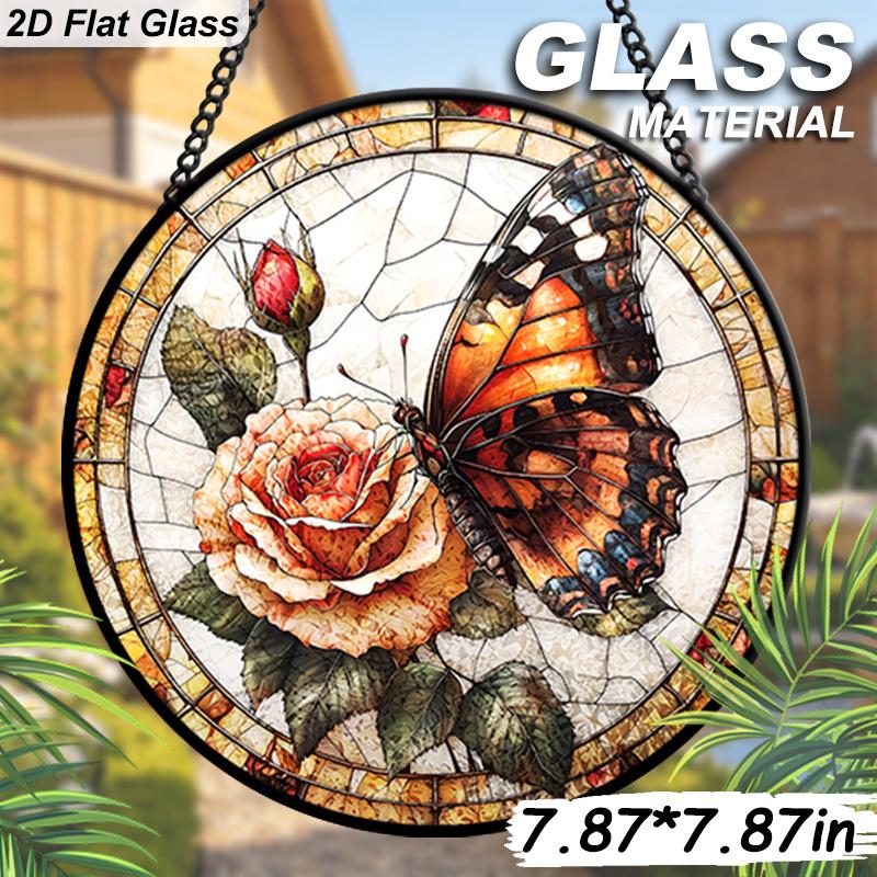 2D Flat, 1pc Butterfly & Rose Round 7.87in Glass Suncatcher, Monarch Butterfly & Rose Print Window Hanging Ornament, Romantic Floral Home Decor