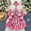 Spring Summer Women Lantern Sleeve Print Chiffon Mini Short Chic Boho Holiday Beach Lace-up Dresses