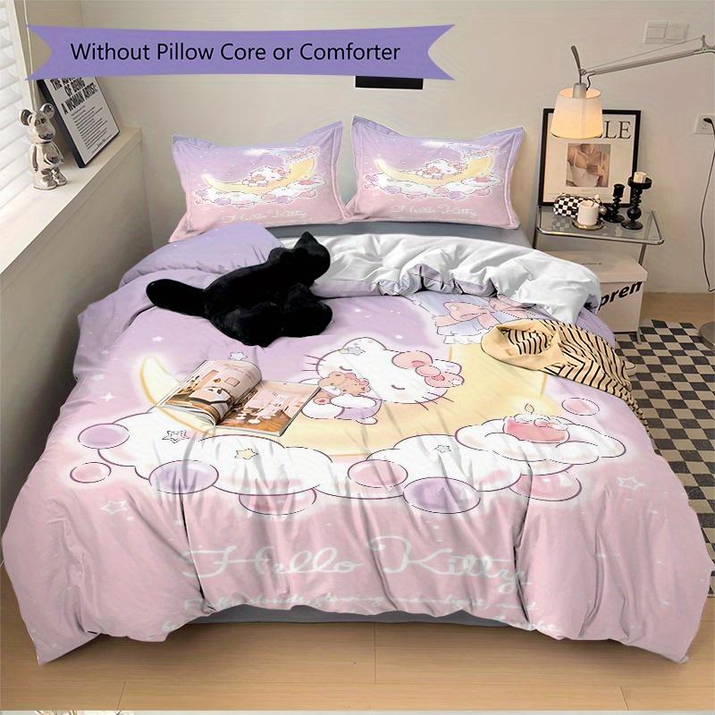 3pcs Moon Hello Kitty Quilt Cover Set (1 Quilt Cover + 2 Pillowcases Without Pillow Core), High-Definition Printing for Home and Dormitory.W064