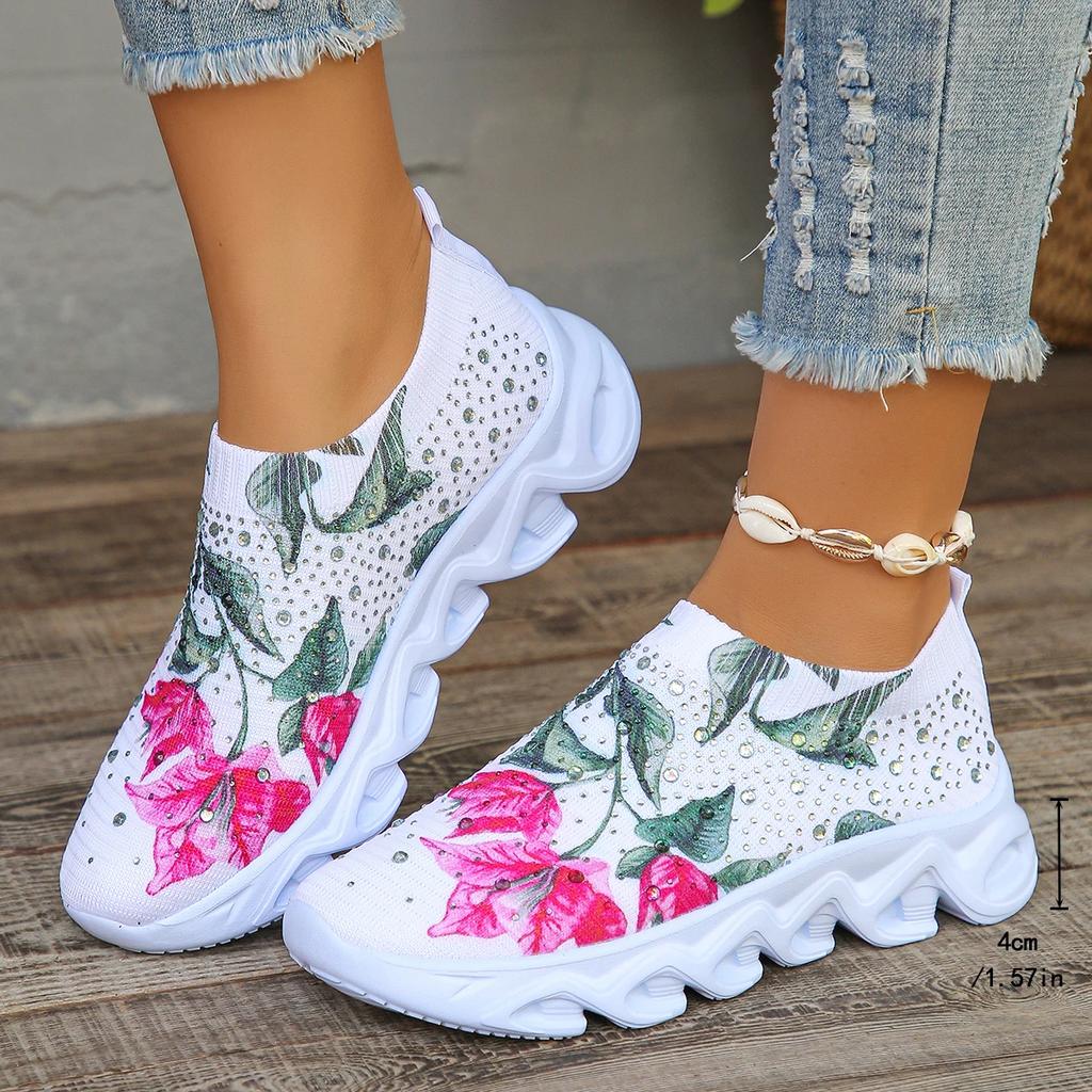 Fashion Women's Print Flower Platform Sneakers Crystal Lightweight Running Shoes for Women Breathable Knitting Sports Shoes Woman 2025