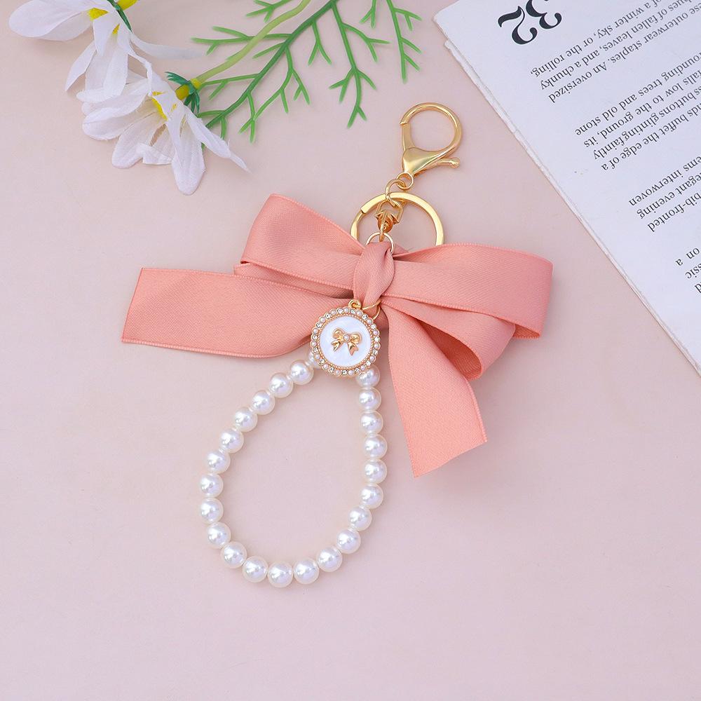 Handmade Bowknot Keychains Fabric Ribbon Headphone Case Accessories Creative Pearl Bow Keychain