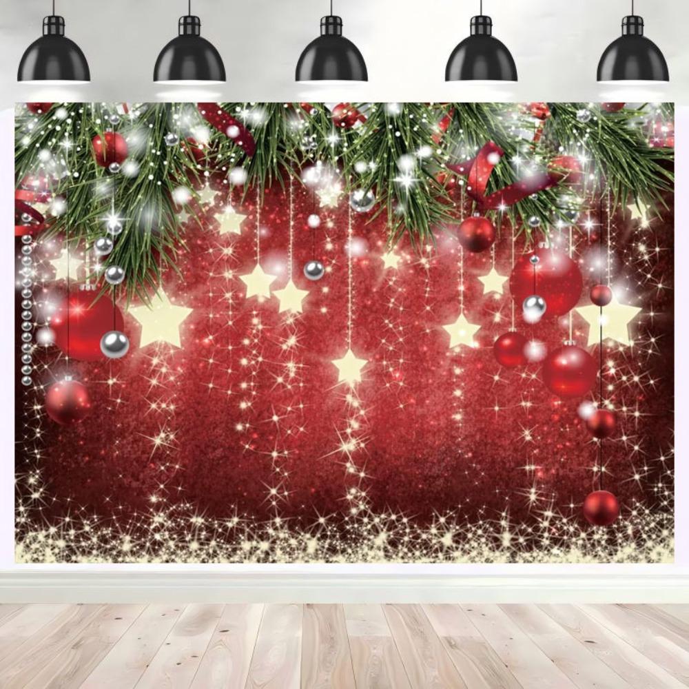 Christmas Backdrops Red Ball Theme Background Shining Stars Background New Year Backdrop for Christmas Party Decoration Banner