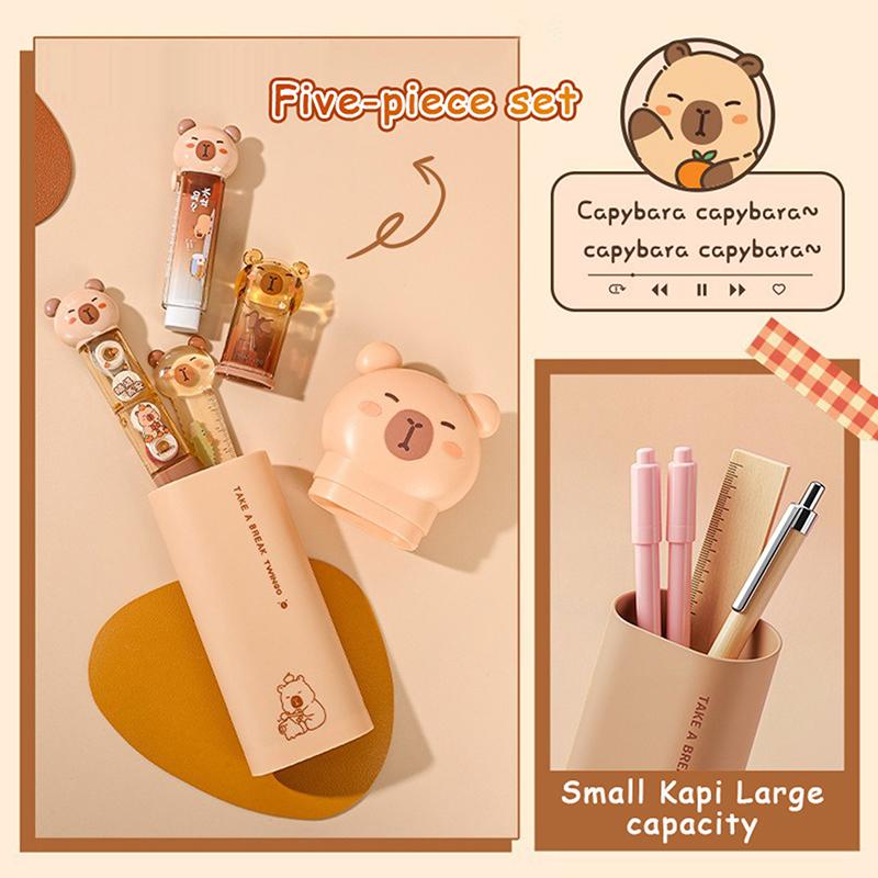 5Pcs Capybara Stationery Assortment Set Pencil Case Ruler Eraser Correction Tape Pencil Sharpener Set Student Gifts