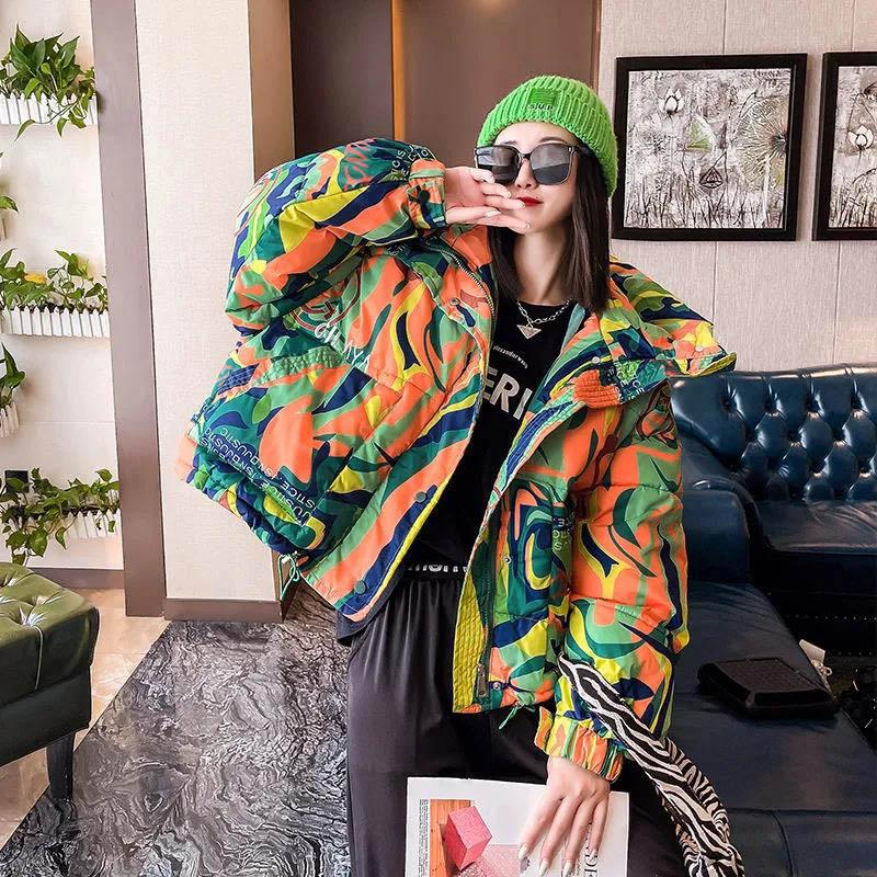 Winter Printed Cotton Jacket Women's Short Hooded Bread Jacket Thicken Fashionable All-match