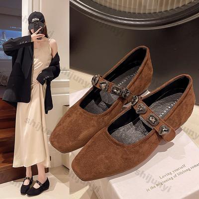 Модные женские туфли из замши с квадратным носком и мелким вырезом, весенние новинки, на толстом каблуке, одинарные туфли с хрустальной пряжкой, мягкая подошва, нескользящие туфли Мэри Джейн