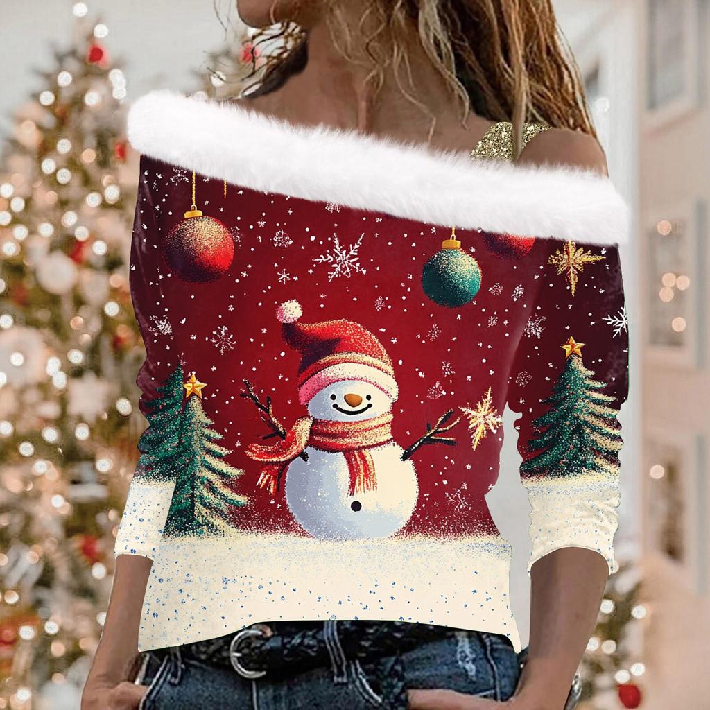 Женский повседневный модный топ с длинными рукавами и открытыми плечами с рождественским принтом из плюша