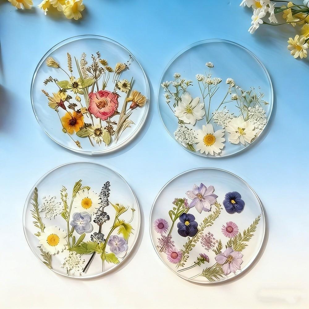 Round Floral Print Coasters Transparent Cup Mat Durable Insulation Pad  Tea Table