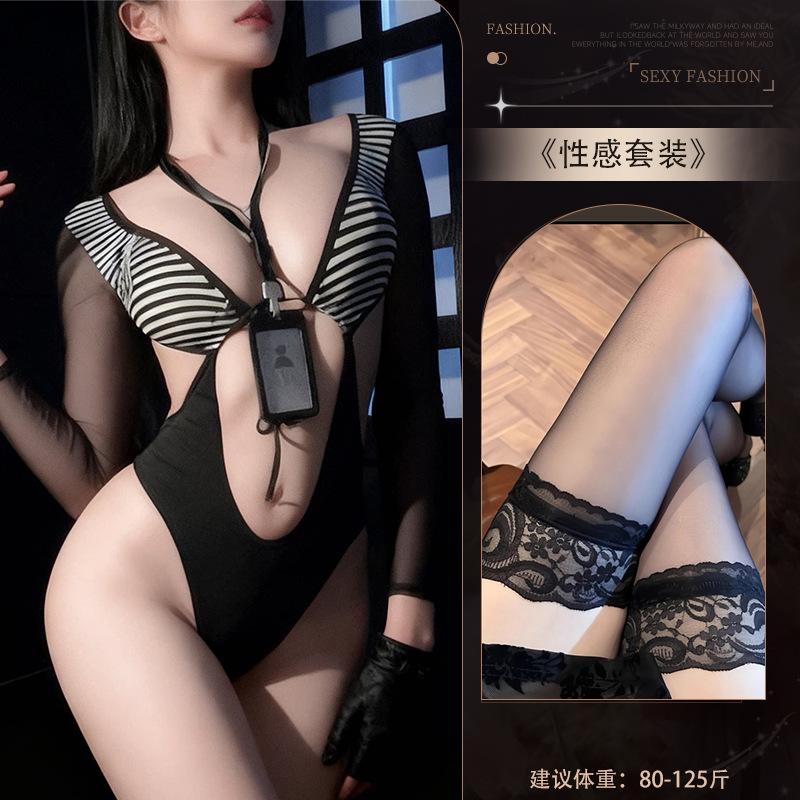 Sexy lingerie sexy secretary tight high elastic pure lust seduction sweet uniform high fork striped pajama suit