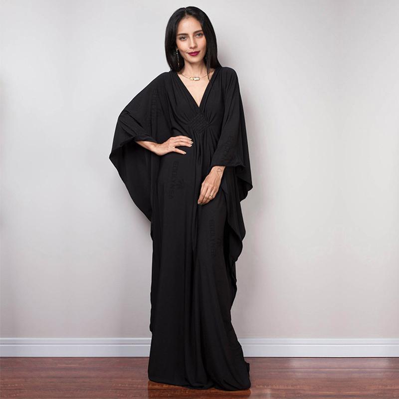 2024 однотонное свободное платье макси с v-образным вырезом и рукавами «летучая мышь» больших размеров для женщин, летняя пляжная одежда, кафтан, длинный купальный костюм, накидка Q1306