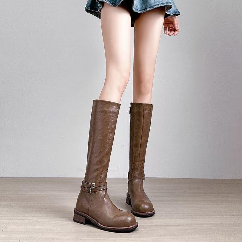 Whole Cowhide~ Washed Leather Belt Buckle Thick-Soled Knight Boots Women'S Boots Side Zipper High Boots Boots Boots