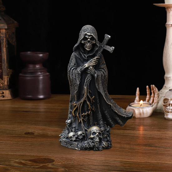 Halloween Black Robe Skeleton Figurine Gothic Cross Skeleton Resin Statue Sculpture Home Office Desktop Bookshelf Decoration Ornament Festival Gift