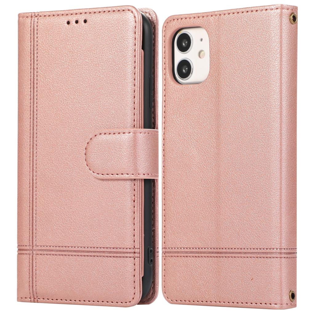 For iPhone 11 Cell Phone Case Lines Imprinted Built-in Mirror Anti-drop Leather Cover with 2 Straps