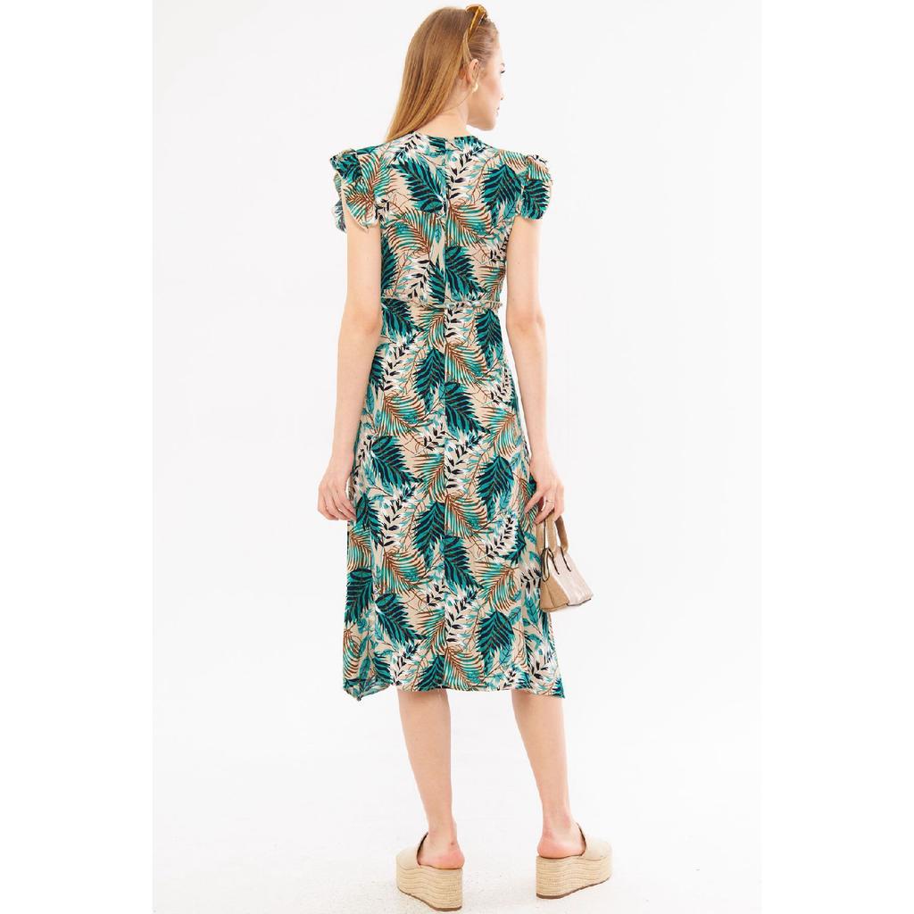 Женское бежевое платье-миди, двубортный воротник, рюши на плечах, эластичная резинка на талии, длина миди, рука-24y001020