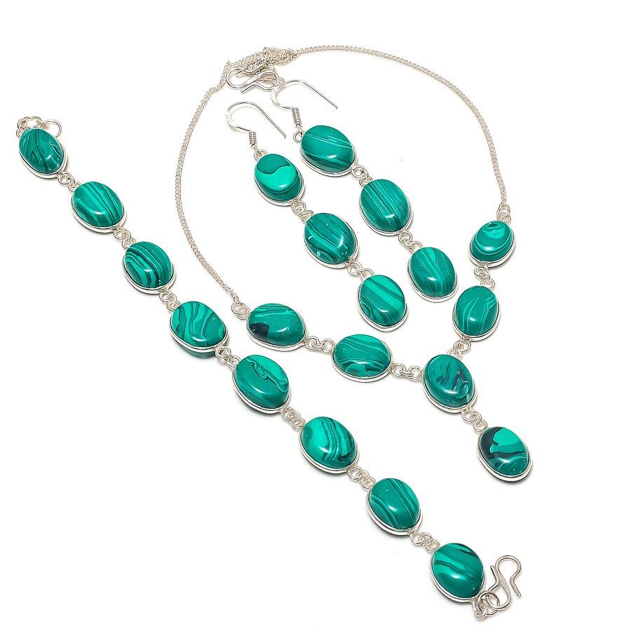 Натуральный Малахит Драгоценный Камень 925 Стерлинговое Серебро Ювелирное Ожерелье 18" o3V84