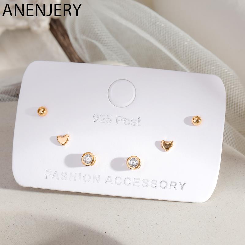 ANENJERY Симпатичные маленькие серьги-гвоздики с кубическим цирконием в горошек и сердцем любви, комплект серег для женщин, комплект серег из 6 предметов, повседневный подарок ювелирных изделий S-E1234