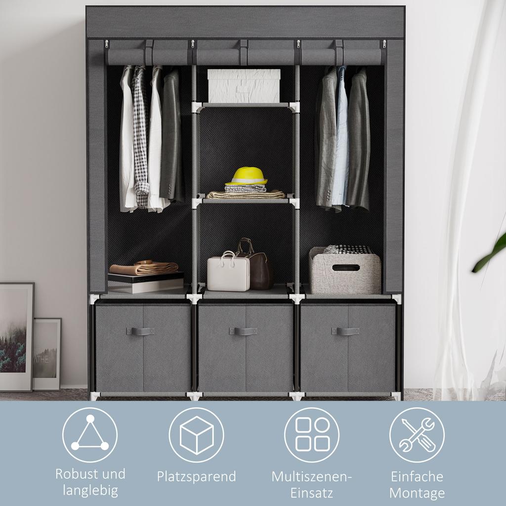 Тканевый шкаф из нетканого материала, Складной шкаф, вкл.. 3 ящика, 125 см x 43 см x 162,5 см, Серый