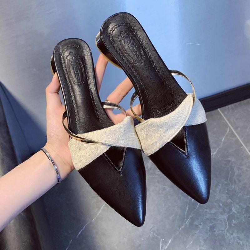 Тапочки женские летняя одежда 2025 новая корейская версия толстый каблук универсальная сумка голова полуперетаскивание заостренный нос мода muller обувь женская