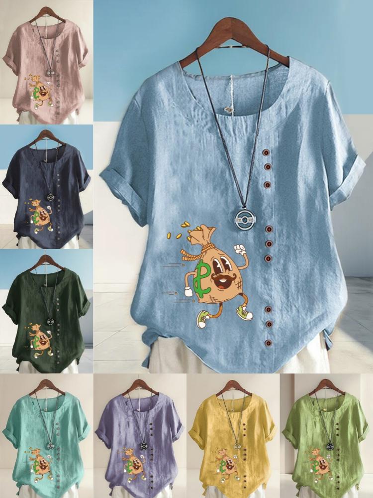 Women's Fashion Human Shaped Money Bag Print Shot Sleeve T-shirt Loose Cotton Shirt Casual Loose Summer Blouse Tops Plus Size