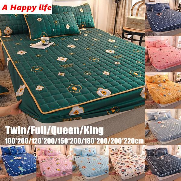 Printing Bed Fitted Sheet Cotton Thick Quilted Soft Elastic Fitted Sheet Bedding Mattress Cover Topper Single Full Queen King Sheet&Pillowcases