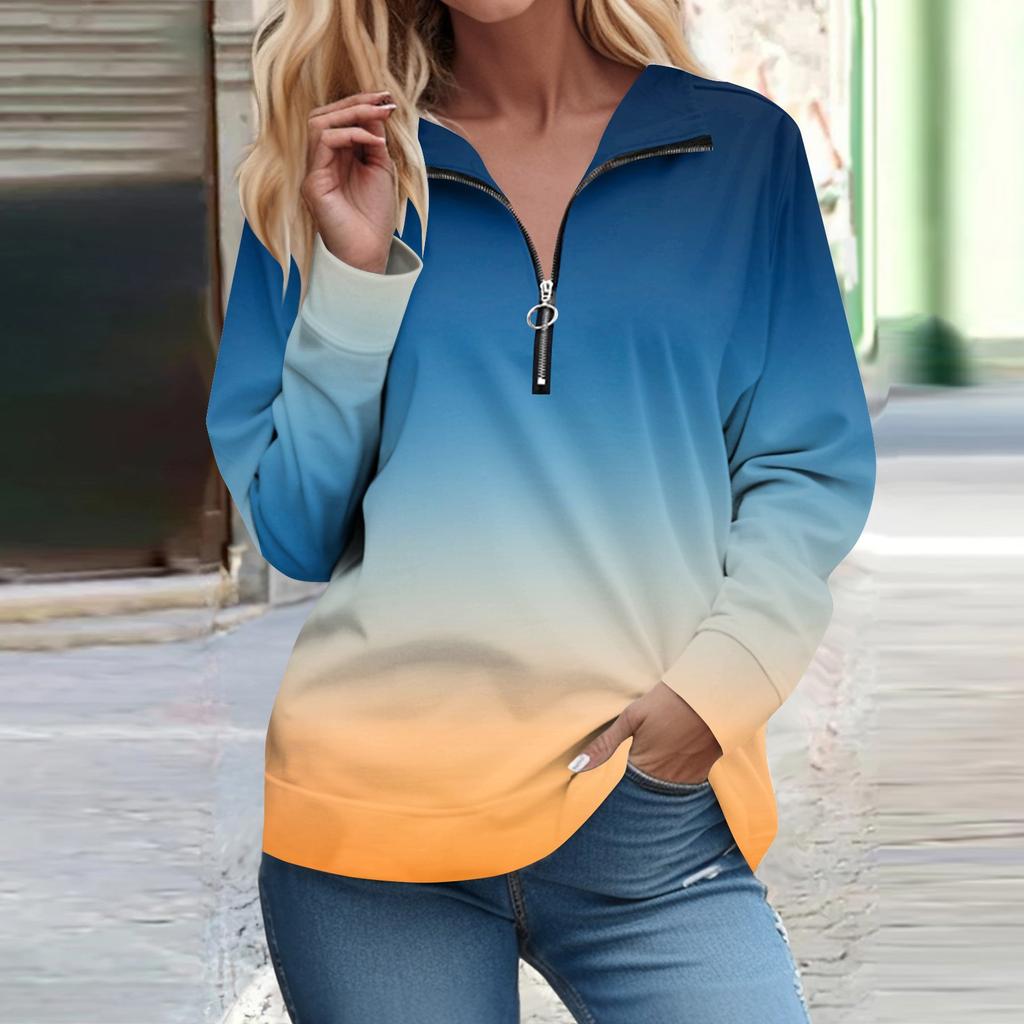 Рубашки на молнии с длинным рукавом для женщин Градиентная печать Графические футболки Блузки Повседневные топы Пуловер