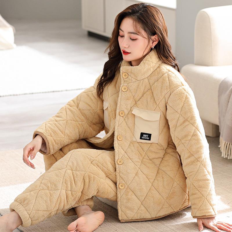 Антистатический стеганый парный пижамный комплект женский зимний трехслойный утолщенный флисовый стеганый халат мужской коралловый флис теплая домашняя одежда
