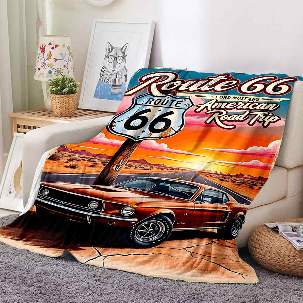 1pc Route 66 Flannel Blanket [Cozy Throw Blanket] For Sofa, Bed, Travel, Camping, Livingroom, Office, Couch, Chair, And Bed