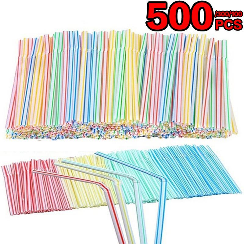 100/300/500 шт. гибкие пластиковые однотонные белые одноразовые трубочки для чая и кофе для вечеринок, свадебные украшения и товары для магазинов