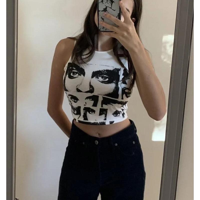 High Street Style Y2K рисунок графический укороченный топ женская летняя одежда корейская мода без рукавов майка футболка уличная одежда