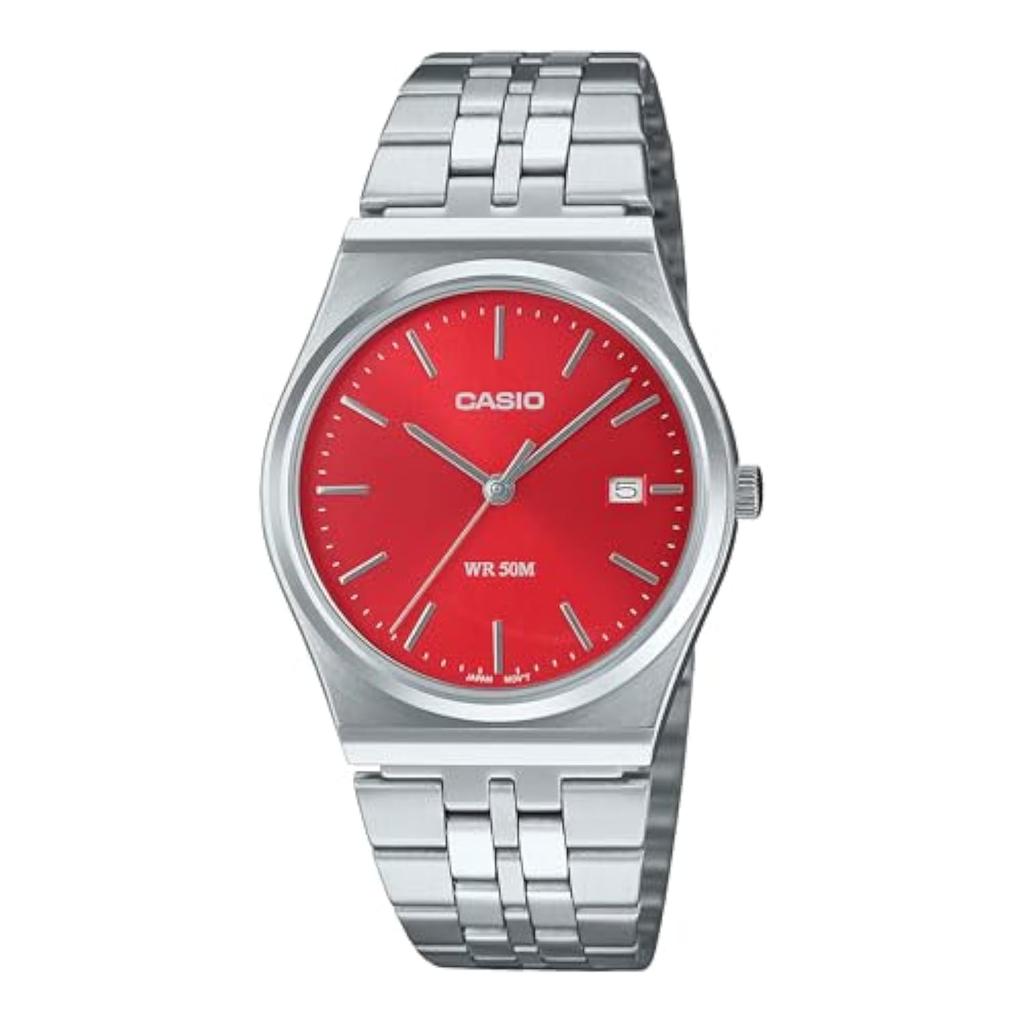Casio Men's Watch MTP-B145D-7BVDF, White Dial, Silver/Red, 31-35 mm Case, Stainless Steel Bracelet