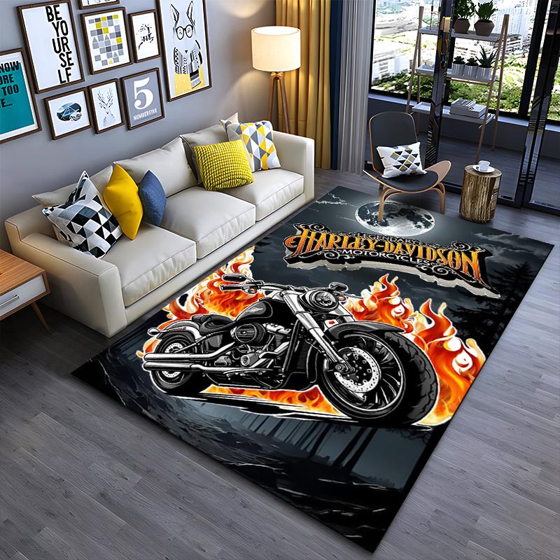 Area Rug, Harley Davidson Legendary Motorcycles Moon Night Flames Poster, Garage Man Cave Decor, Non-Slip Mat