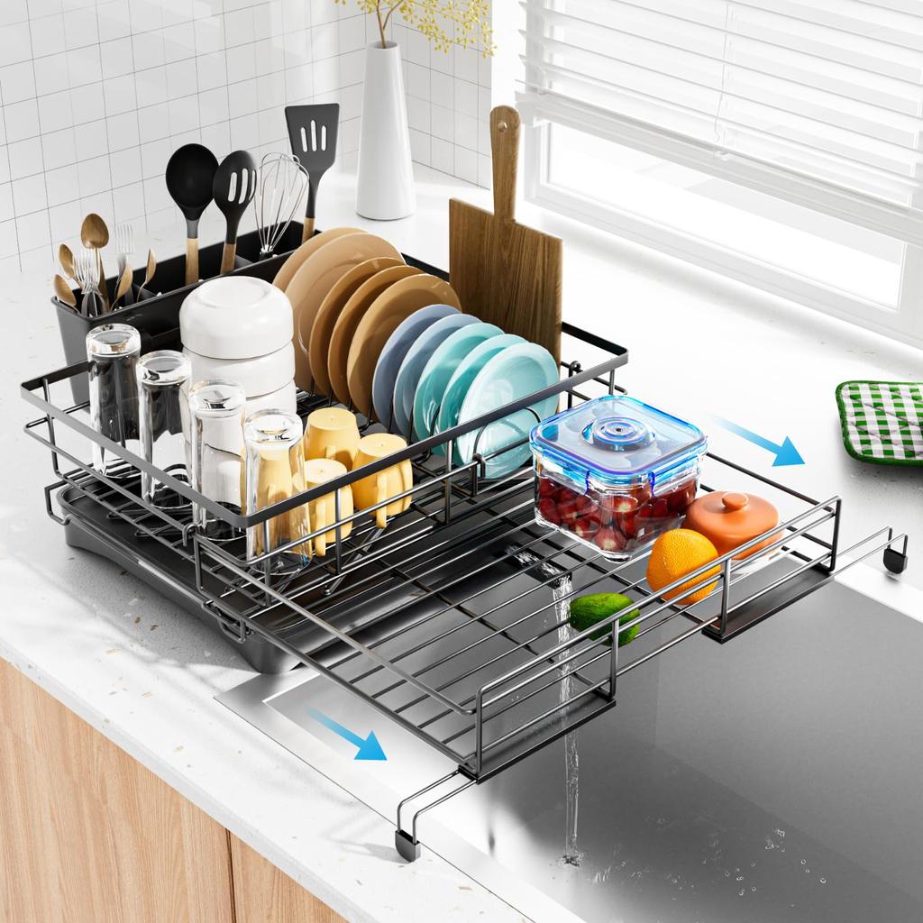 Dish Drying Rack - Expandable Dish Rack, Large Capacity Dish Drainer for Kitchen Counter, Rust-Proof with Utensil Holder, Black