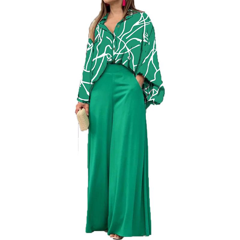 2024 Summer Women's Casual Printed Shirt & Wide-Leg Pants Set - Loose Fit, Large Size, European & American Style
