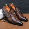 Luxury Business Men Monk Shoes Double Buckle Crocodile Print Wedding Party Office PU Leather Shoes Brown Pointed Toe Loafer