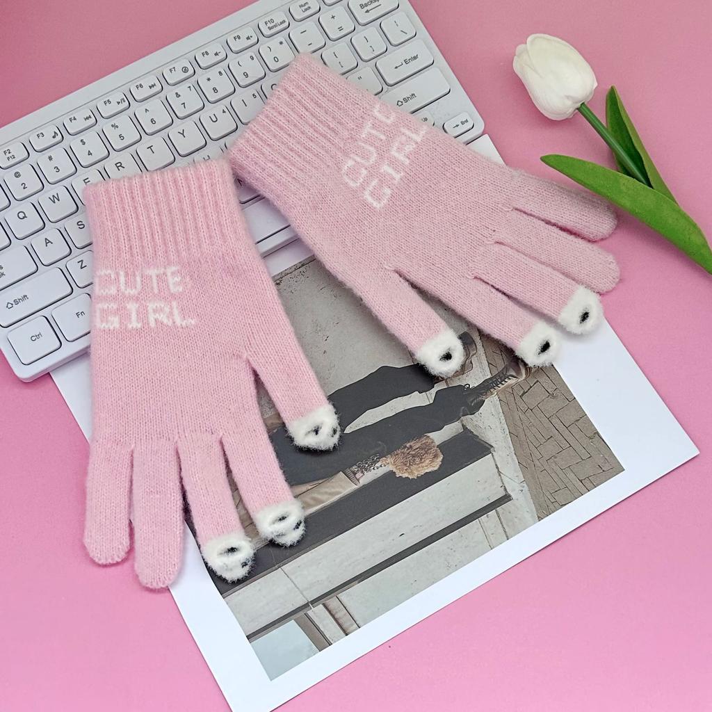 Solid Knit Wool Warm Cold Proof Autumn Winter Full Finger Touchscreen Unisex Casual Versatile Gloves Cute