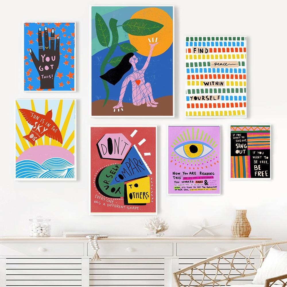 Феминистский мультяшный художественный принт, картина, мотивационная цитата, позитив, уход за собой, холст, постеры для девочек, настенный домашний декор, фотографии