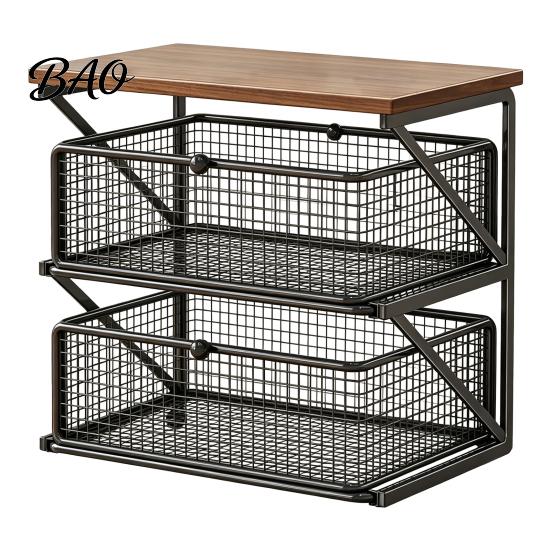 Coffee Station Organizer with Drawer, Tiered Bar Organizer, Wooden Top Shelf, Accessories Wire Mesh Drawers for Tea Bags, Capsules, Office Desk,