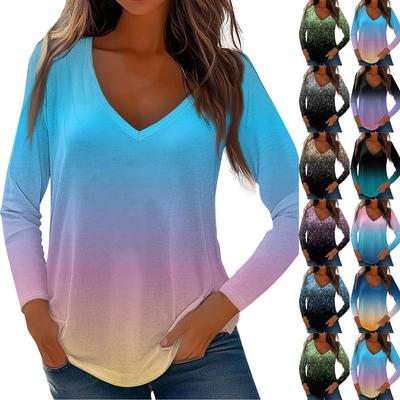 Женские топы с длинными рукавами, рубашки с v-образным вырезом, повседневные модные футболки с градиентным принтом, блузки, осенние наряды-туники, приталенные футболки