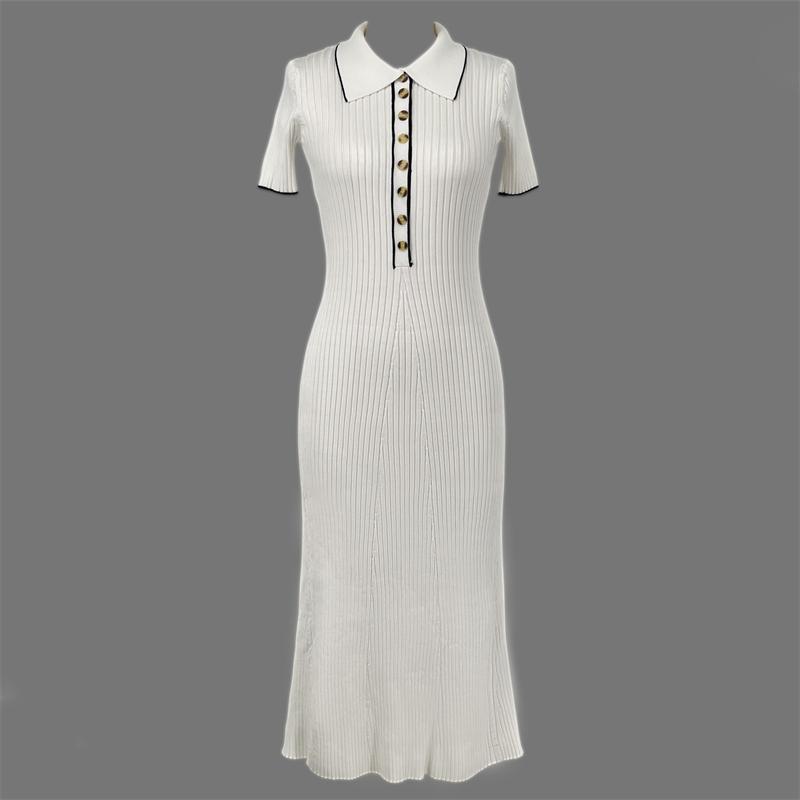 Вязаное платье макси для женщин, повседневное белое облегающее платье с отложным воротником и коротким рукавом, трикотажное платье в рубчик, женское уличное платье