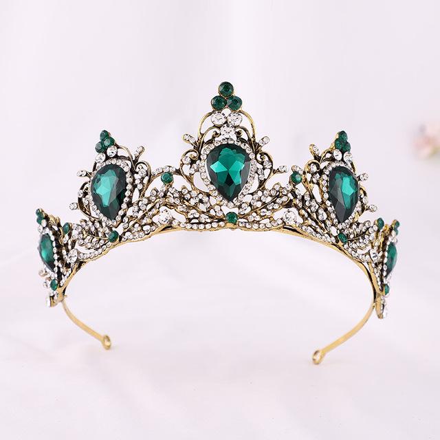Baroque Vintage Green Crystal Bridal Tiaras Crown Women Rhinestone Retro Pageant Diadem Bride Headbands Wedding Hair Accessories