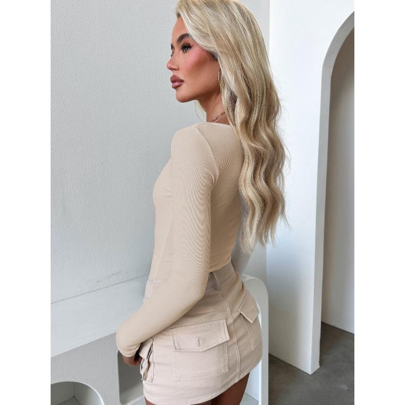 European and American Women's Autumn and Winter New Button Square Neck Fashionable Top Sexy Spicy Girl T-shirt Thread Solid Color Long Sleeved Shirt